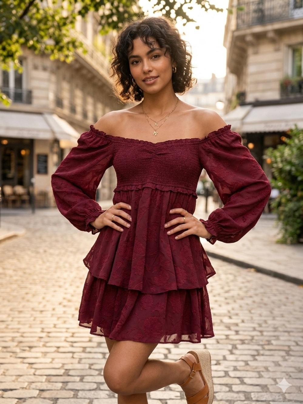 Altar'd State Burgundy Off-Shoulder Tiered Mini Dress